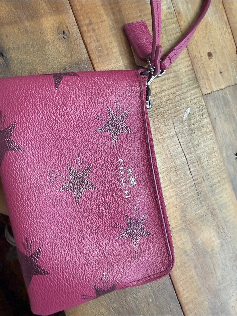 Coach Pink Star-Print Leather Wristlet Clutch